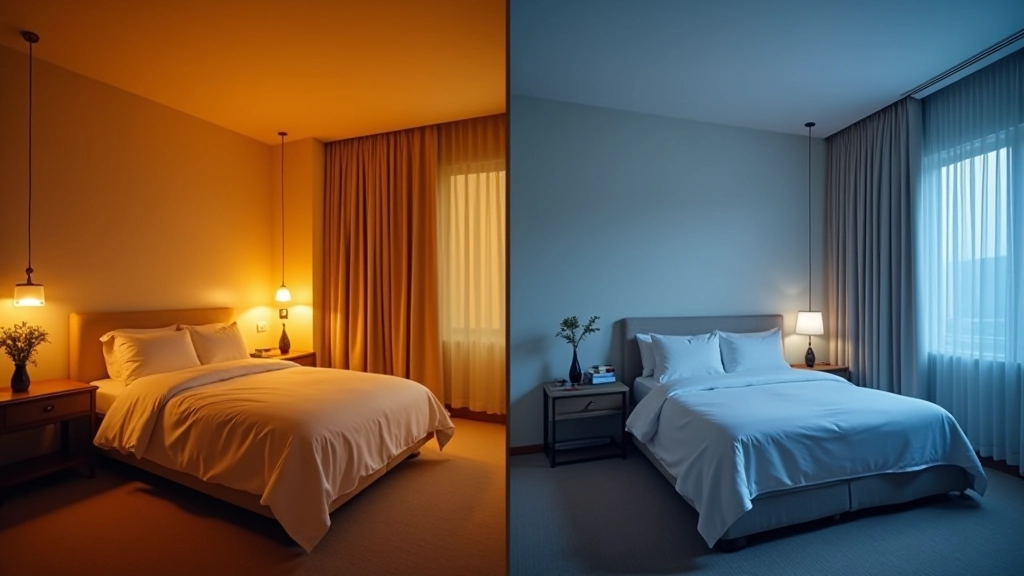 Side-by-side bedroom photos showing same space with warm 2700K lighting on left looking cozy and inviting, and cool 5000K lighting on right appearing stark and clinical