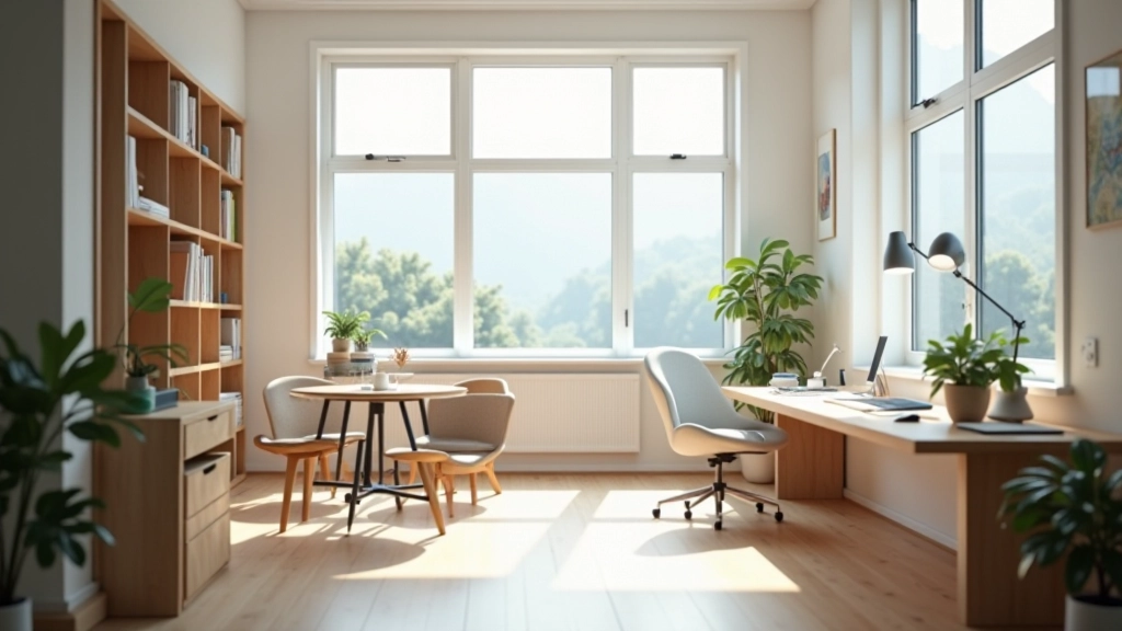 Bright and organized interior design studio workspace with natural light, design samples, color reference books, and professional equipment