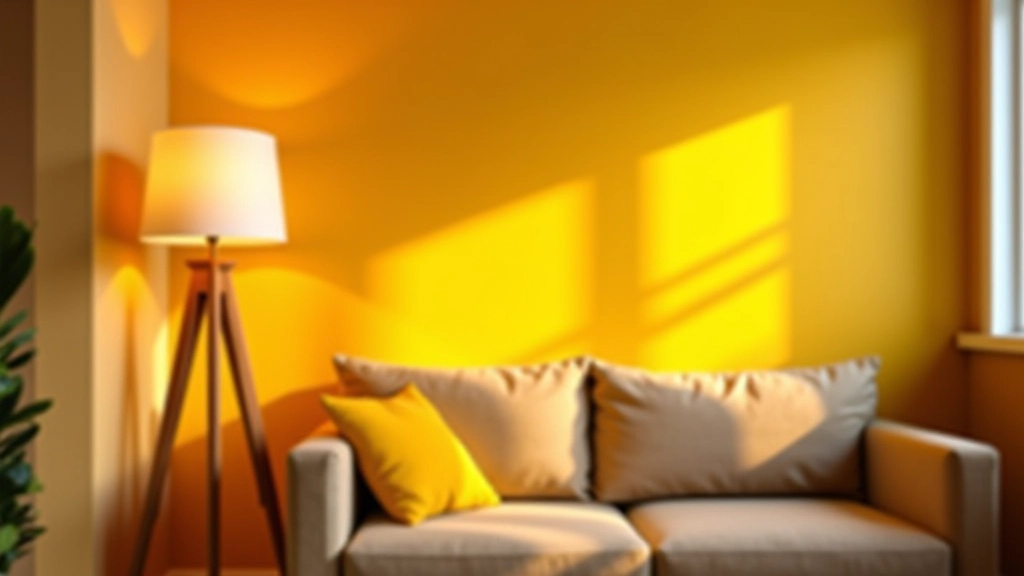 Warm living room with soft yellow walls and layered warm lighting from table and floor lamps