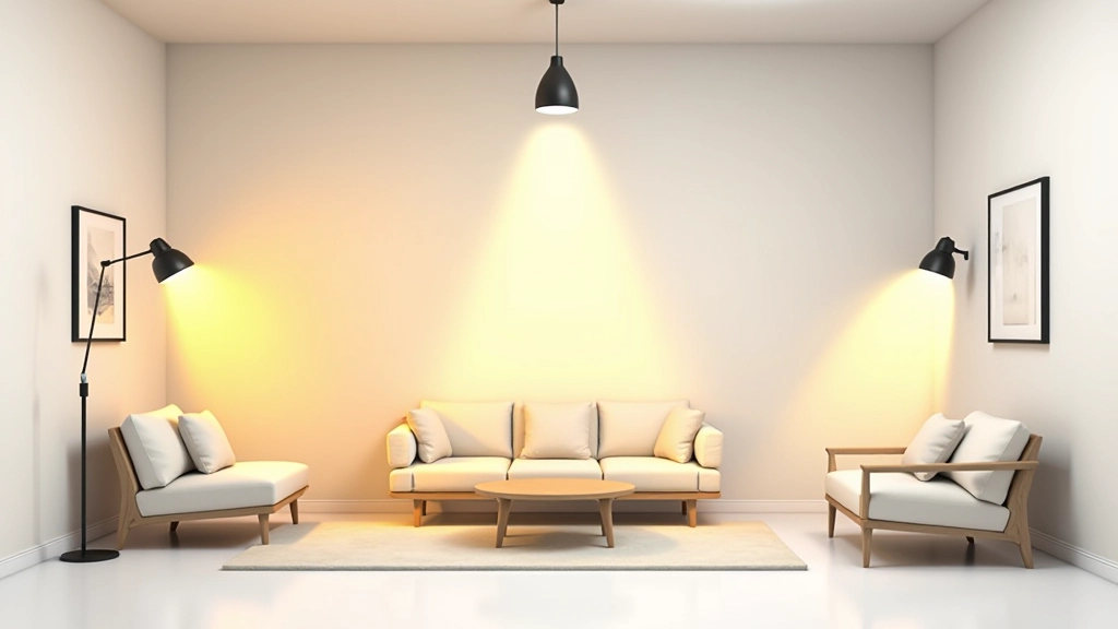 Professional diagram showing three types of lighting: warm ambient light from ceiling fixture, focused task light on desk surface, and accent light illuminating artwork on wall