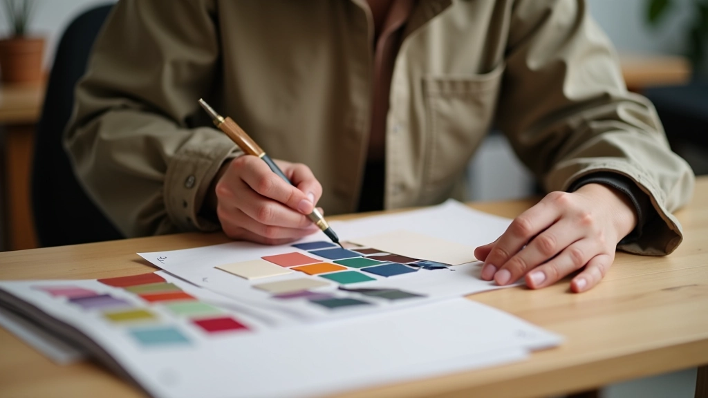 Interior designer working at desk with color swatches, lighting samples, and design materials spread across workspace