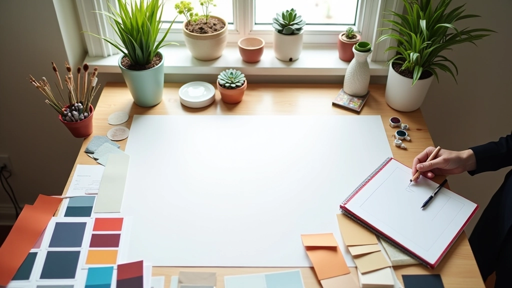 Designer's workspace with color swatches, fabric samples, paint chips, and lighting setup on wooden table