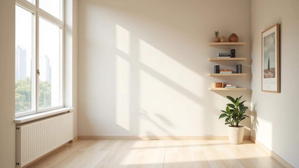 Living space with vertical elements including tall shelving, floor-to-ceiling curtains, and height-focused wall art drawing eyes upward