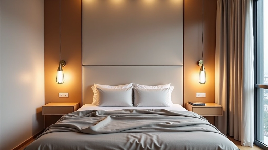 Modern bedroom with multiple light sources including pendant lights, wall sconces, and natural window light creating layers