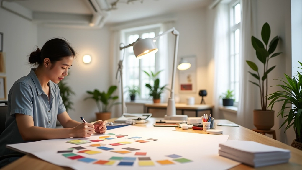 Modern interior design studio workspace with color swatches, lighting samples, and design materials organized on wooden tables, bright natural light from large windows, professional design environment