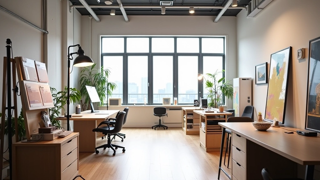 Interior design studio workspace with color materials and lighting equipment