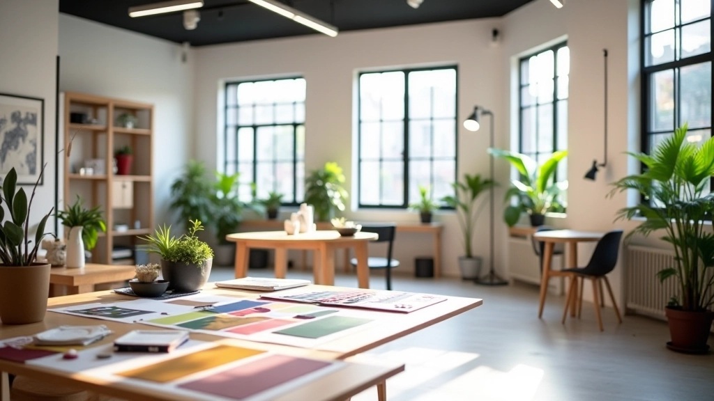 Modern interior design studio with color swatches and lighting equipment in Causeway Bay