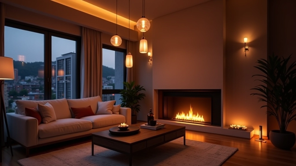 Modern living room showing proper lighting layers with pendant lights over seating area, floor lamp providing warm task light, wall sconces flanking fireplace for accent, and dimmed ceiling lights creating flexible ambiance