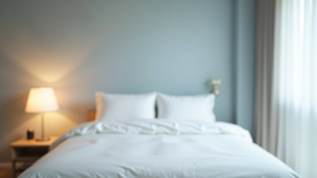 Serene bedroom with soft blue-gray walls, warm accent lighting, and white linens