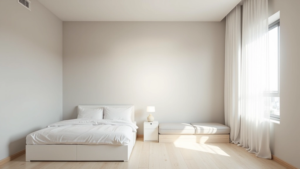 Modern minimalist room with pale warm gray walls, white trim, natural light from window creating brightness, two framed artworks showing color palette options