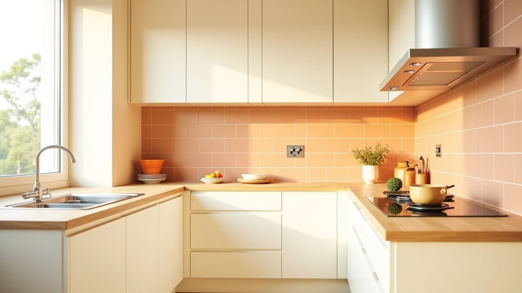 Bright kitchen with warm white walls, terracotta backsplash tiles, and natural light from window